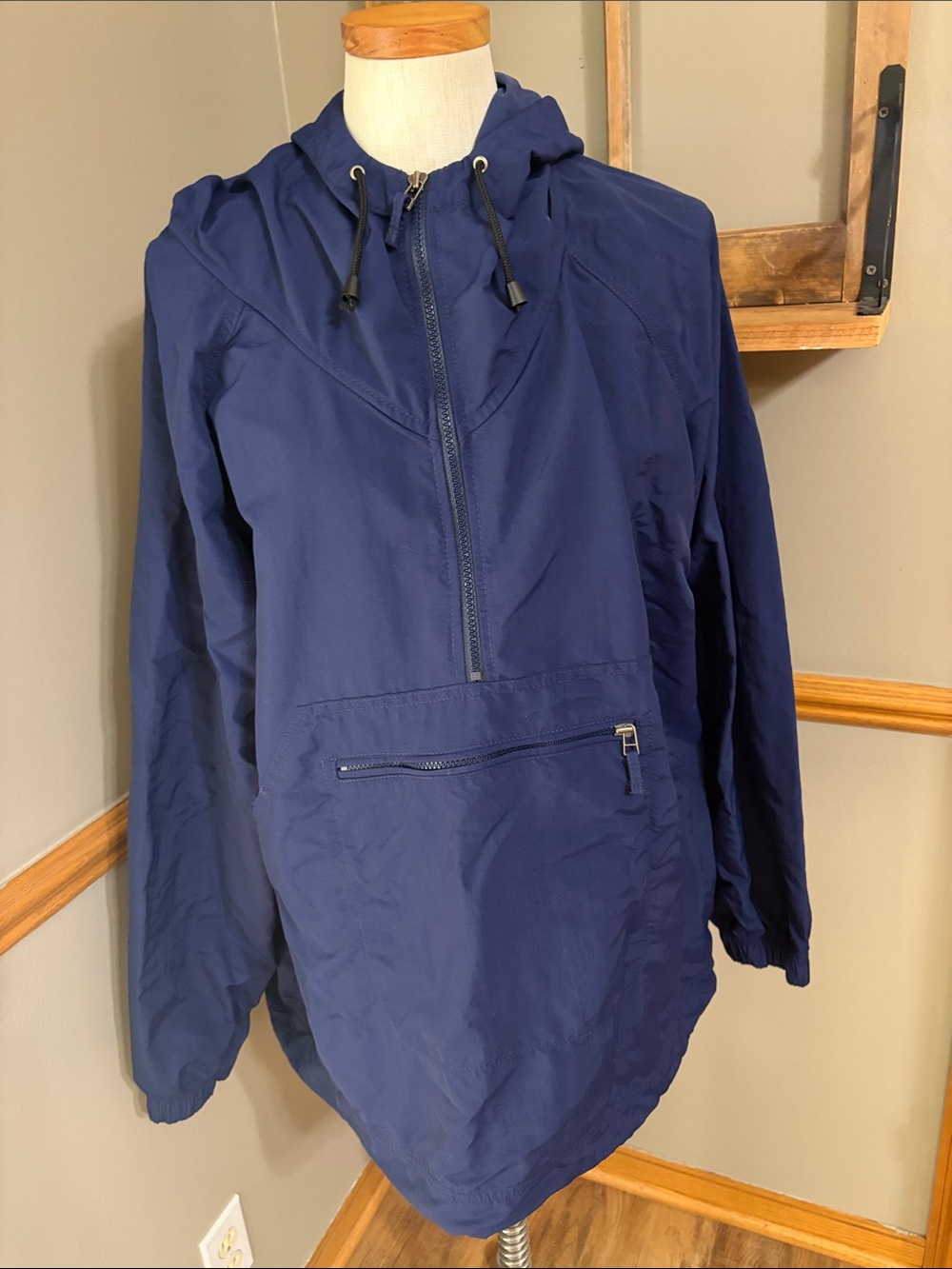 Lands' End Squall Anorak Navy 1/2 Zip Windproof Hooded jacket Unisex size XL